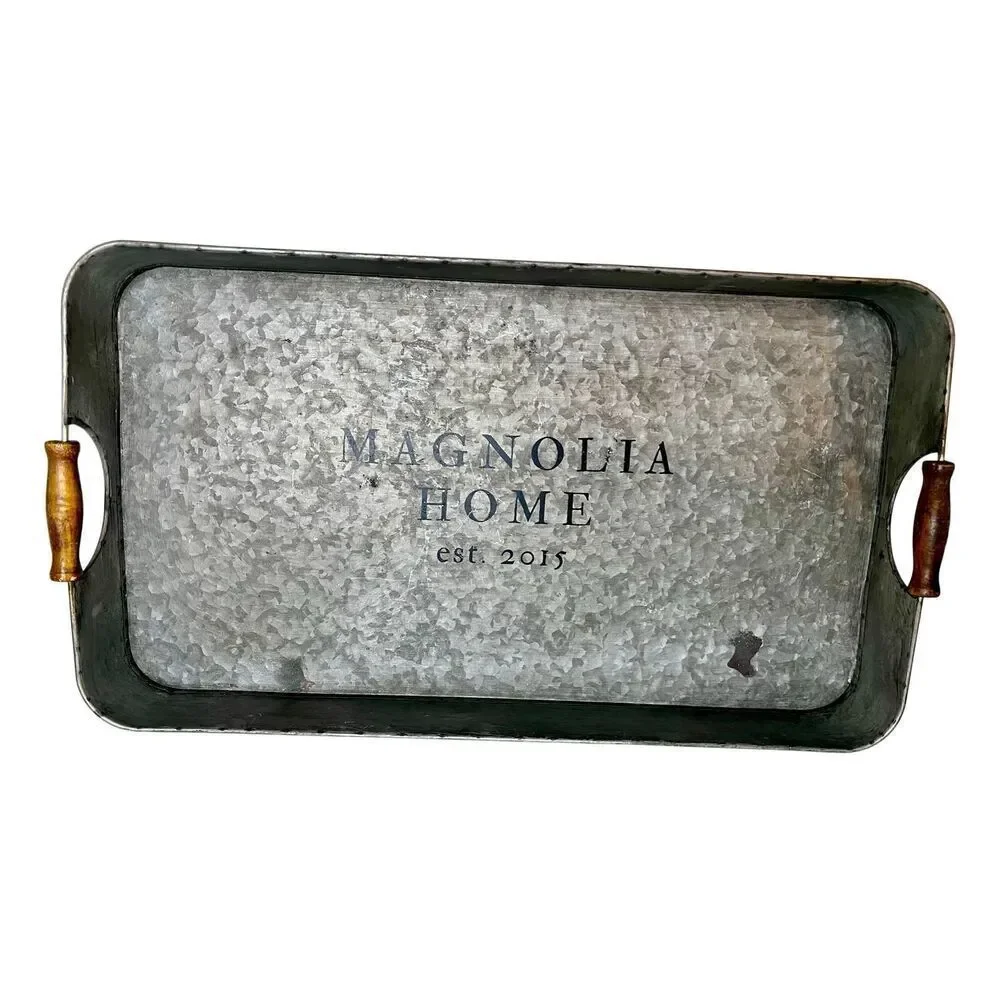 Magnolia Farms Galvanized Tin Metal Tray w/ Wood Handles - Farmhouse - J Gaines